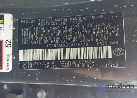 2025 Toyota Camry Se from USA, damaged, VIN 4T1DAACK3SU146479